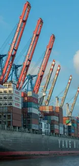 Container ship docked with cranes under a blue sky.