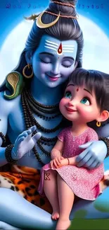 Animated Shiva with child in blue hues, serene and divine artwork.