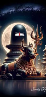 Shiva and Nandi under moonlit temple sky.