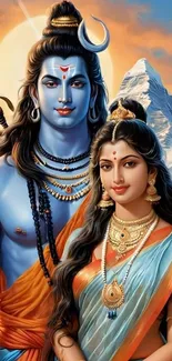 Artistic depiction of Shiva and Parvati in vivid Hindu mythology style.