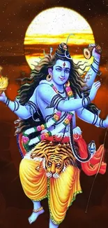 Lord Shiva dances under a glowing sun in vibrant colors.