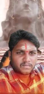 Devotee with Shiva statue in background, vibrant colors.