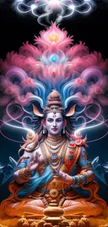 Colorful Shiva sitting in divine meditation with vibrant aura.