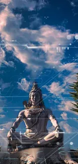 Shiva statue with digital sky background.