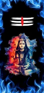 Wallpaper of Lord Shiva with blue flames and spiritual symbols.