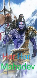 Lord Shiva in snowy mountains with trident, vibrant and divine.