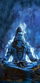 Shiva meditating in a serene blue cosmic background wallpaper.