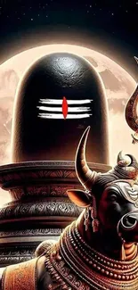 Divine image of Shiva Lingam and Nandi with a full moon backdrop.