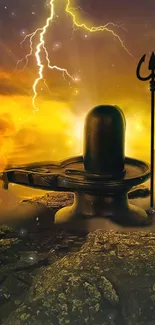 Shiva Lingam with trident set against a vibrant sunset and lightning.