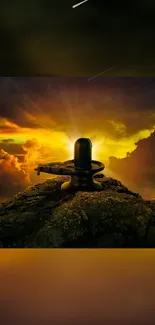 Shiva Lingam silhouetted against a vibrant sunset sky.