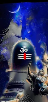 Shiva Lingam and Nandi on a cosmic blue background, symbolizing divinity.