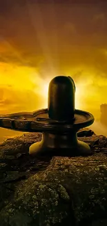 Shiva lingam on rocky hilltop with vibrant sunrise backdrop.