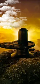 Shiva Lingam on a rock with a golden sunset and dramatic clouds.