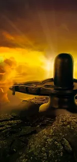 Shiva Lingam with golden sunset backdrop