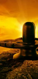 Majestic Shiva Lingam at sunset with golden spiritual aura.