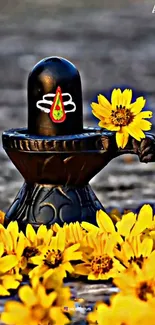 Mobile wallpaper featuring a Shivling with bright yellow flowers.