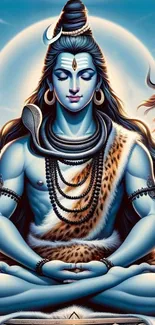 Digital art of Lord Shiva meditating with a celestial background.