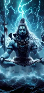 Shiva meditating with lightning and cosmic blue hues in a mystical scene.