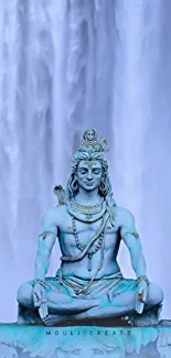 Meditating Lord Shiva statue with waterfall background.