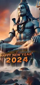 Lord Shiva New Year 2024 wallpaper with serene landscape and glowing sunset.