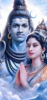 Mobile wallpaper with Shiva and Parvati in a heavenly cloud setting.