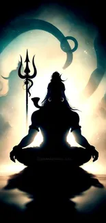 Silhouette of Lord Shiva meditating with a trident in a mystical backdrop.