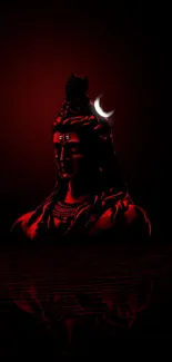 Silhouette of Shiva with red hues and moon against dark background.