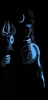 Silhouette of Lord Shiva with trident in black and blue tones.