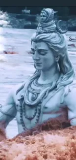 Majestic Shiva statue in flowing river.