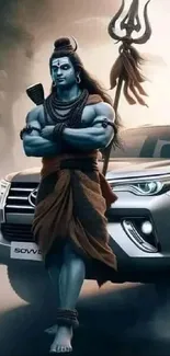 Lord Shiva stands powerfully beside a modern SUV in a mystical forest.