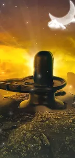 Shivling under a mystical celestial sky with a golden hue.