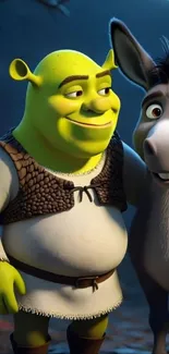Shrek and Donkey animated characters posing together.