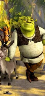 Shrek, Donkey, and Puss in Boots in a forest scene mobile wallpaper.