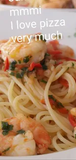 Appetizing shrimp pasta served with herbs on white plate.