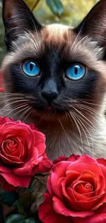 Siamese cat with blue eyes among red roses.
