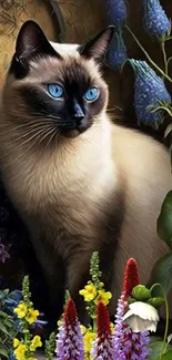 Siamese cat with blue eyes amidst colorful flowers.