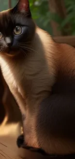 Siamese cat sitting in sunlight near a wooden structure.