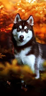 Siberian Husky standing in autumn foliage, capturing natural beauty.