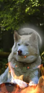 Siberian Husky in a forest setting with firelight and moon glow.