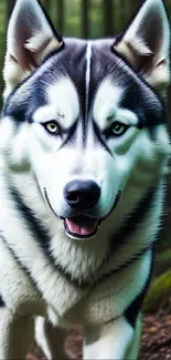 Siberian Husky walking in a green forest, captured in striking detail.