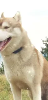 Siberian Husky in a forest background with natural hues.