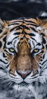 Close-up of a majestic tiger's face with piercing eyes.