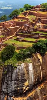 Sigiriya Rock Fortress with lush, terraced gardens and earthy tones.