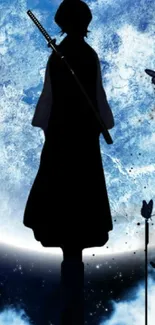 Anime silhouette with sword against a vivid blue moon.