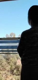 Silhouette of person by window against a clear blue sky.