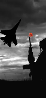 Silhouette of soldier and aircraft with a red flower accent against a stormy sky.