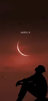 Silhouette in dark red sky with crescent moon wallpaper