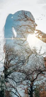 Silhouette of a woman against a nature backdrop with trees and light.