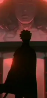 Anime silhouette with red backdrop, mysterious art.