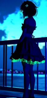 Silhouette of an anime girl at a neon-lit beach.